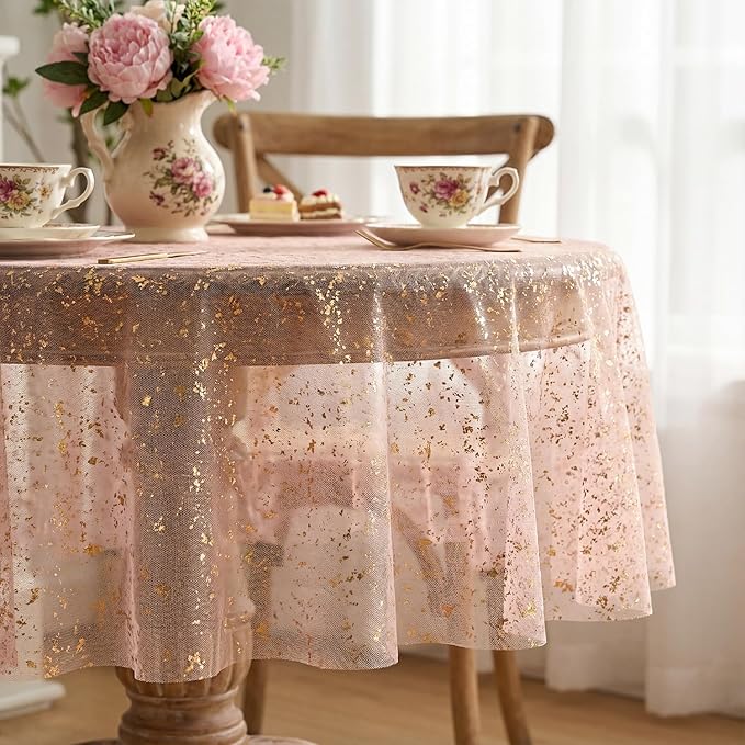 Horaldaily Pink Gold Gauze Tablecloth 60x60 Inch Round, Golden Sequin Glitter Metallic Foil, Sheer Tulle Cheesecloth for Wedding Baby Shower Ceremony Birthday
