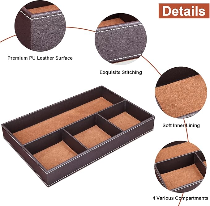GORESE 2 Pieces Faux Leather Valet Tray for Men, Stackable Jewelry Trays for Drawers, Mens Dresser Top Organizer for Key, Wallet, Sunglass, Watch, Coin, Phone, Nightstand Bedside Tray Brown