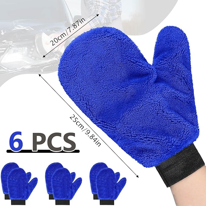Teenyyou 6 Pcs Microfiber Dusting Mitt with Thumb, Washable Reusable Household Cleaning Mitt, Car Wash Gloves, Terry Dusting Gloves for Plant Wheel House Blinds Kitchen (Royal Blue, 9.84 x 7.87 Inch)