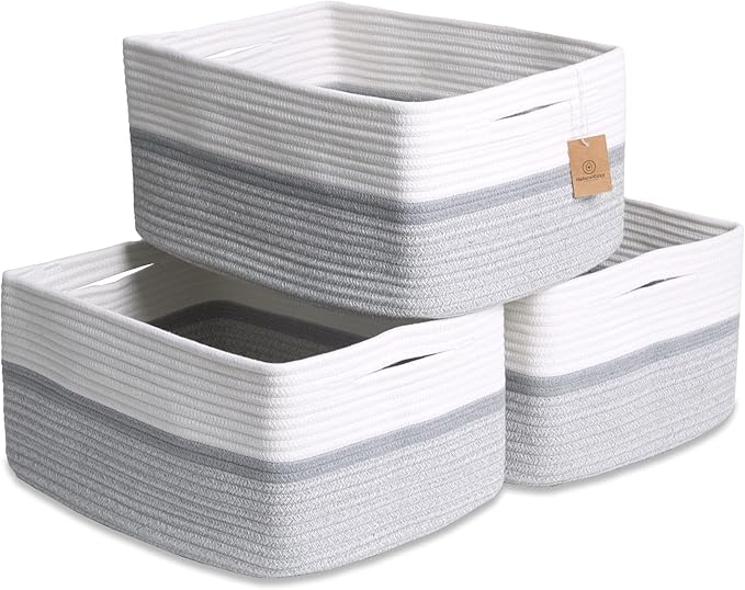 NaturalCozy Storage Baskets 16.8”x13”x7.6” Cotton Rope Woven Baskets for Organizing, 3-Pack | Toy Storage Bins | Basket for Shelves, Laundry, Blanket, Clothes, Closet, Kitchen, Bathroom, Gifts