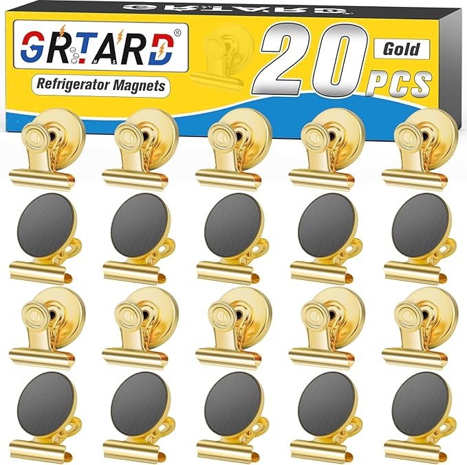 Grtard 20 Pack Magnetic Clips Heavy Duty, Magnet Clips for Fridge, Refrigerator Magnets with Clip, No-Scratch Strong Magnetic Clip for Refrigerator, Whiteboard, Cruise Cabins, Locker (Gold)