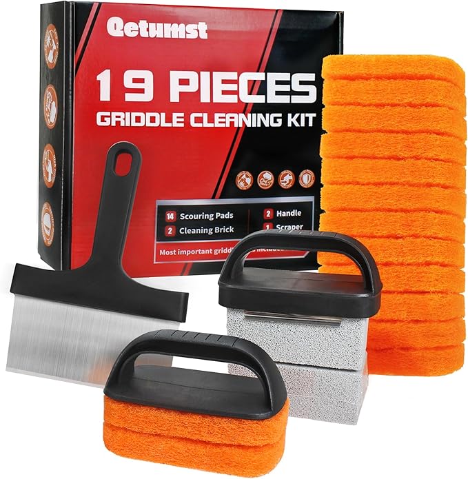 Upgraded Griddle Cleaning Kit for Blackstone, Flat Top Grill Cleaner Set with Grill Stone, Griddle Scraper, Scouring Pads and Handles, BBQ Accessories Tools Set for Deep Cleaning (19 PCS)