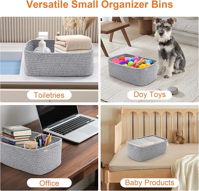 Ordn2Ordn Small Storage Baskets for Organizing, Woven Storage Bins for Shelves, Gift Basket Empty, Cute Decorative Closet Organizer, Baby Rope Basket, Dog Toy Storage, 11x7.5x4.5”, 3Packs Mixed Gray