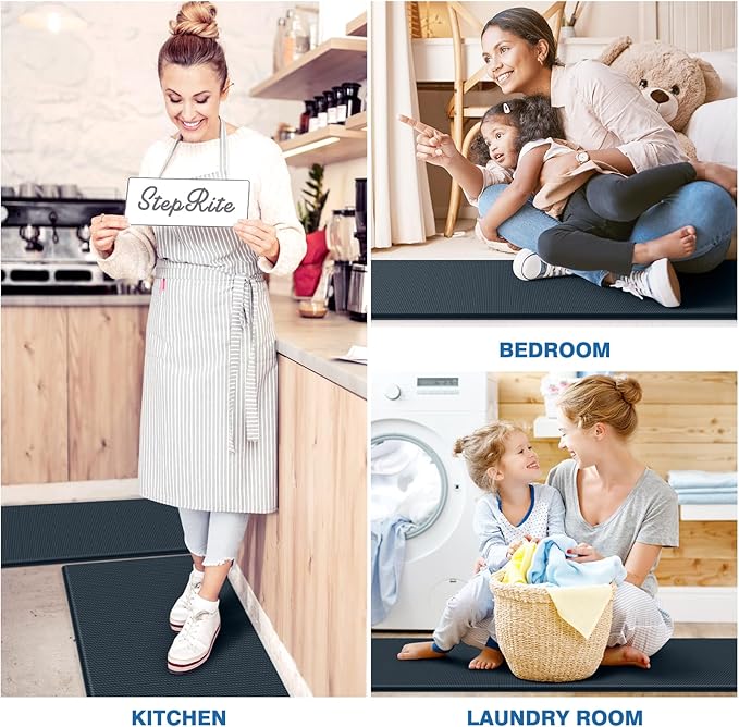 StepRite Kitchen Mats, 2PCS Kitchen Rugs, Cushioned Anti Fatigue Kitchen Mats for Floor, Non-Slip Standing Desk Mat, Waterproof Kitchen Rug Set for Floor, Office, 17.3"x30"+17.3"x70", Dark Charcoal