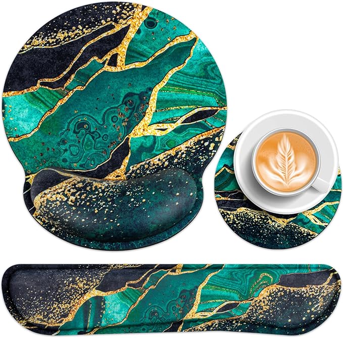 Mouse Pad Green with Wrist Rest Set, 3-in-1 Wrist Support Mousepad Set, Gaming Mat Pad with Anti-Skid Base, Ergonomic Mouse Pad, Memory Foam Gel Wrist Rest for Computer Keyboard