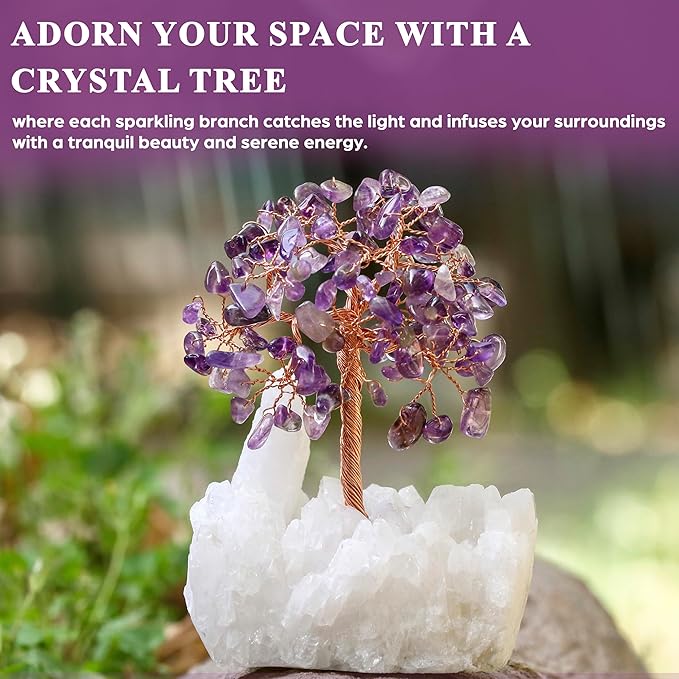 Amethyst Crystal Tree of Life with White Aura Base – Gemstone Tree for Shelf & Home Bedroom Decor – Crystals and Healing Stones, Cute Purple Birthday Gifts & Housewarming Gifts for Women Mom Sister