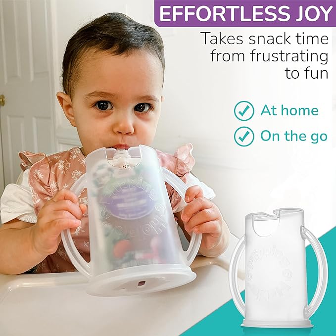 Flipping Holder Squeeze Proof Pouch Holder (2-pack with lids) for Food Pouches & Juice Boxes - Multipurpose - Prevent Messes & Support Self-Feeding - Easy Grasping Handles - Made in USA