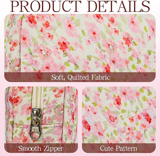 Small Floral Quilted Makeup Bag, Coquette Aesthetic Travel Toiletry Organizer for Women, Lightweight Cotton Cosmetic Pouch
