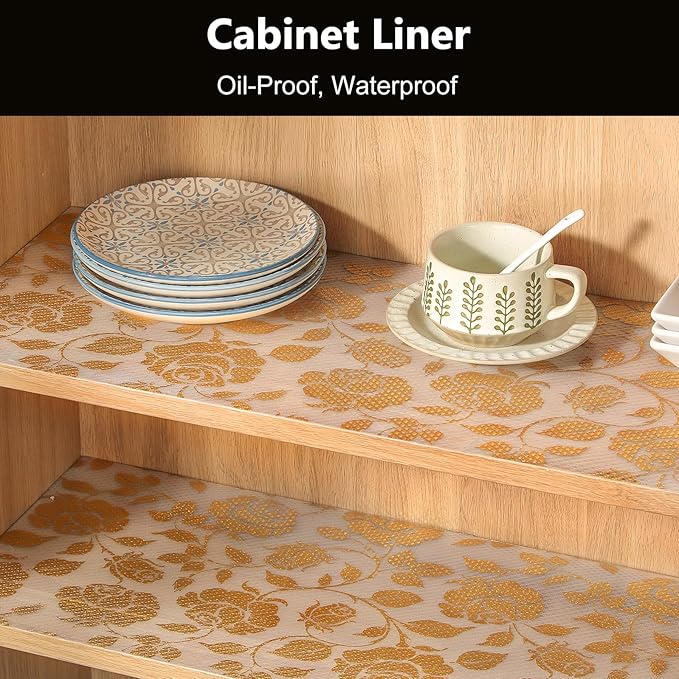INNOLITES Shelf Liner for Cabinets, Non-Adhesive for Kitchen Drawer Liner, Waterproof Shelf Paper with Floral Pattern, Durable Easy to Clean (Golden Rose, 11.8" x 240")