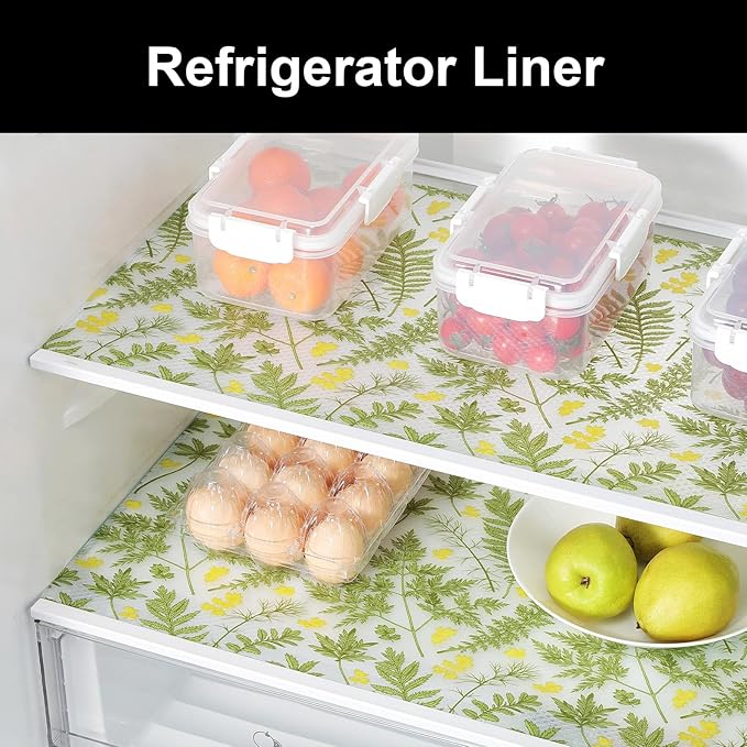 Cooyes Botanical Shelf Liner for Kitchen Cabinets Refrigerator Liners Waterproof & Oil-Proof Kitchen Cupboard Liner Drawer Mats EVA Material Non Adhesive Fridge Liner for Shelves（11.8" W x 236" L）