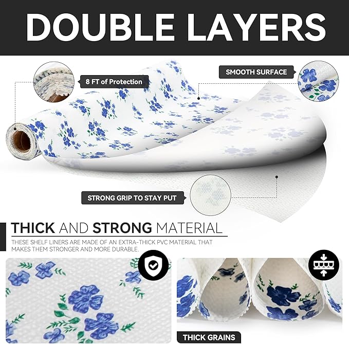 RAY STAR Shelf Liner, Non-Adhesive Blue Floral Kitchen Cabinet Liner for Pantry Drawer Vanity, Strong Grip Non-Slip, Shelf Liners for Cupboard 18 Inch x 8 FT (6 Rolls) Signature Delivery