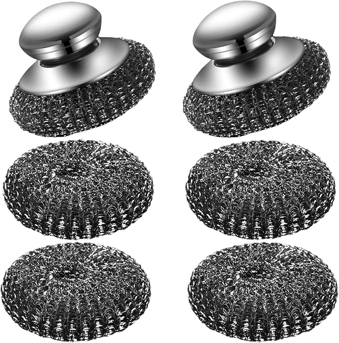 Stainless Steel Scrubber, 2 Scrubber with Handled + 4 Pads Heavy Duty Metal Wire Cleaner for Kitchen Pots, Pans, Ovens & Bathroom Stains, Rust & Grease Remover