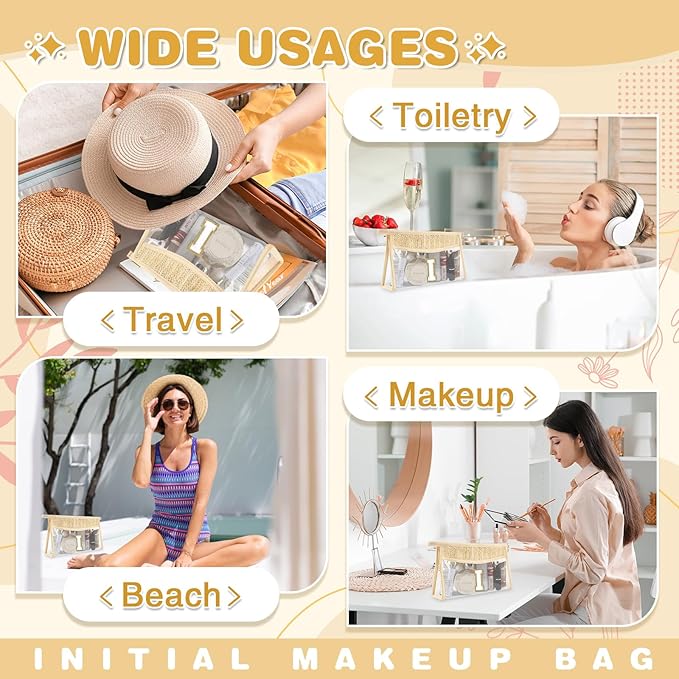 Personalized Initial Letter Bag Boho Straw Clear Makeup Bag,Small Cute Chenille Varsity Letter Pouch With Zipper,Beach Travel Toiletry,Portable Monogrammed Cosmetic Bag for Women Girls,I