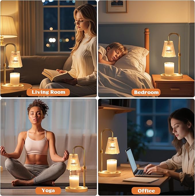 Candle Warmer Lamp with Timer: Electric Candles Warmers Adjustable Height Dimmable - Large Wax Candle Warmers Lamps Scented Flower Light - Home Decor Vintage Wood Base Shade Heat Modern Style Gold