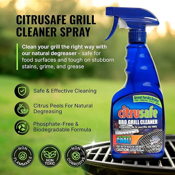 Citrusafe Complete Grill Cleaning Kit - Grill Cleaner Spray (16oz), Scrubber 3 Pack, Nylon Brush, Cookbox Scraper and Microfiber Cleaning Towel - Tools to Clean BBQ Grill Grates, Smokers, Ovens