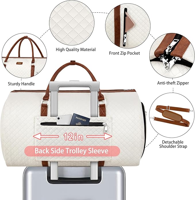 Convertible Garment Duffle Bags for Travel - Carry On Garment Bags With Toiletry Bag, Large Weekender Bags for Women Men 2 in 1 Hanging Suitcase Suit Travel Duffel Bags (2pcs Set, Off White Diamond)