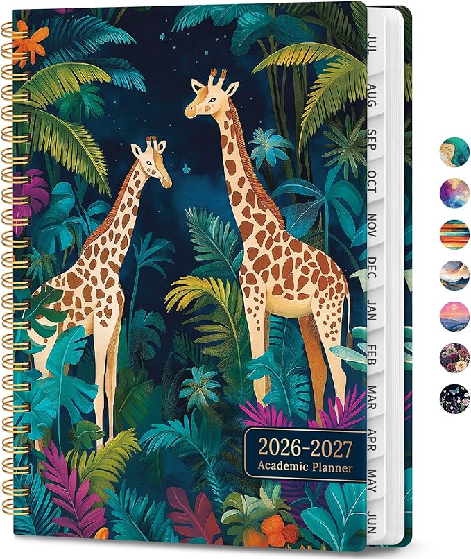 Academic Planner 2026-2027, Weekly and Monthly Calendar Book, July 2026 – June 2027, Hardcover Planner with Tabs, Perfect for Teachers, Students, Women & Men, A5 (6.4" x 8.5") - Giraffes