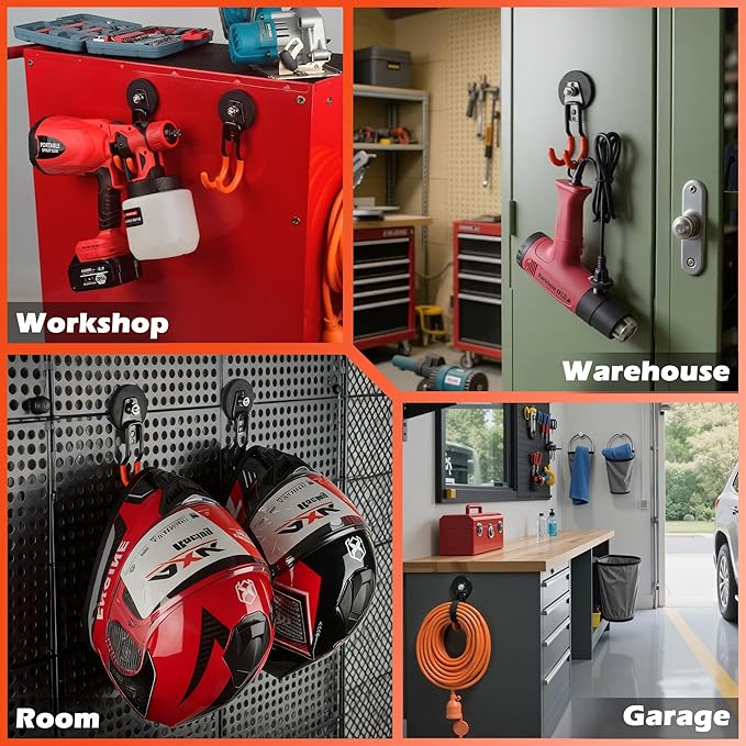 ULIBERMAGNET New Upgraded Garage Strong Magnetic Hooks, 4 Pack Heavy Duty Large J Hooks with Magnet, Anti-Slip Coating Magnet Hooks for Garden Tools, Ropes,Drill