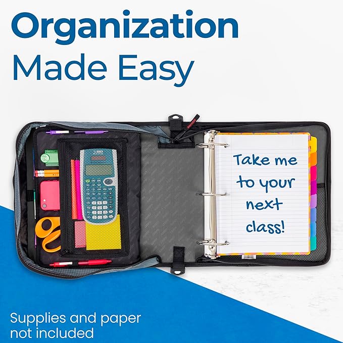Case-it Mighty Zip Tab School Zipper Binder | 3-Inch O-Rings,600-Sheet Capacity,5-Subject Expanding File Folder,Multiple Pockets & Storage Organizer,Shoulder Strap | D-146 Jet Black,(Pack of 6)