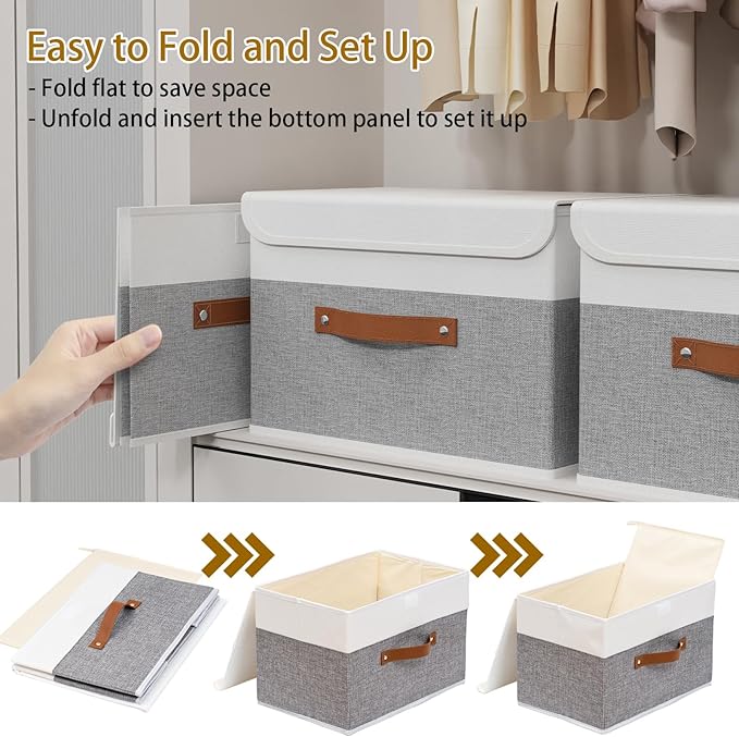 Yawinhe Collapsible Storage Bin, Cube Organizer Basket, Fabric Box with Lids, Washable and Leather Handle, for Home, Closet, White/Grey, 13.0''Lx9.0''Wx7.9''H, 7-Pack, SNK024WGS-7