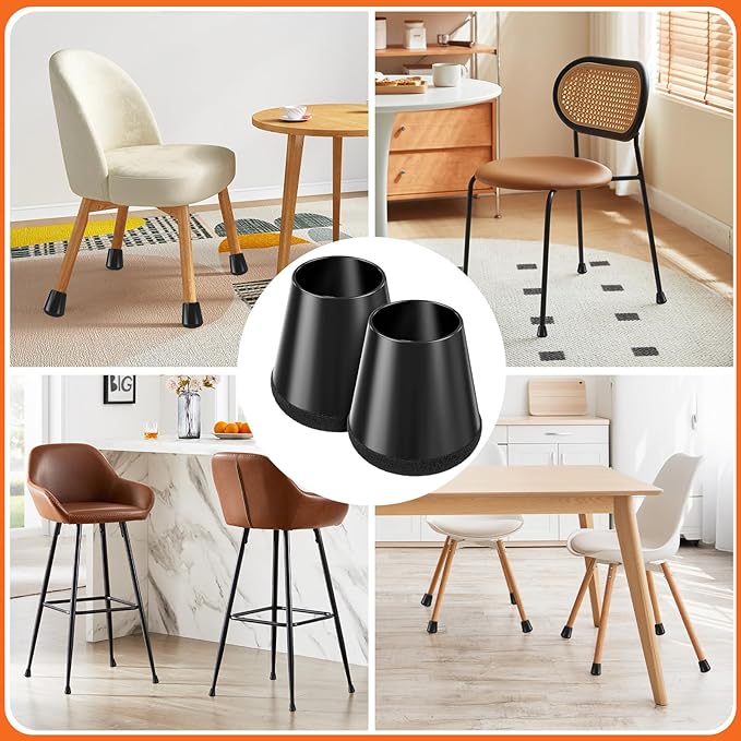 Chair Leg Floor Protectors Large 24Pcs,Silicone Chair Leg Protectors for Hardwood Floors/Tiles,360°Wrapped Felt Bottom to Prevent Scratch and Reduce Noise, Round Black