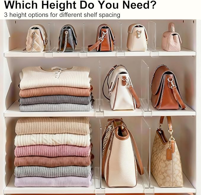 Shelf Dividers Purse Organizer for Closet: 6-inch Tall(Shorter Version) Acrylic Handbag Organizer - Small Space Separator for Clutches Evening Bags Pouches Mini-Bags on Wood Shelves 6-Pack