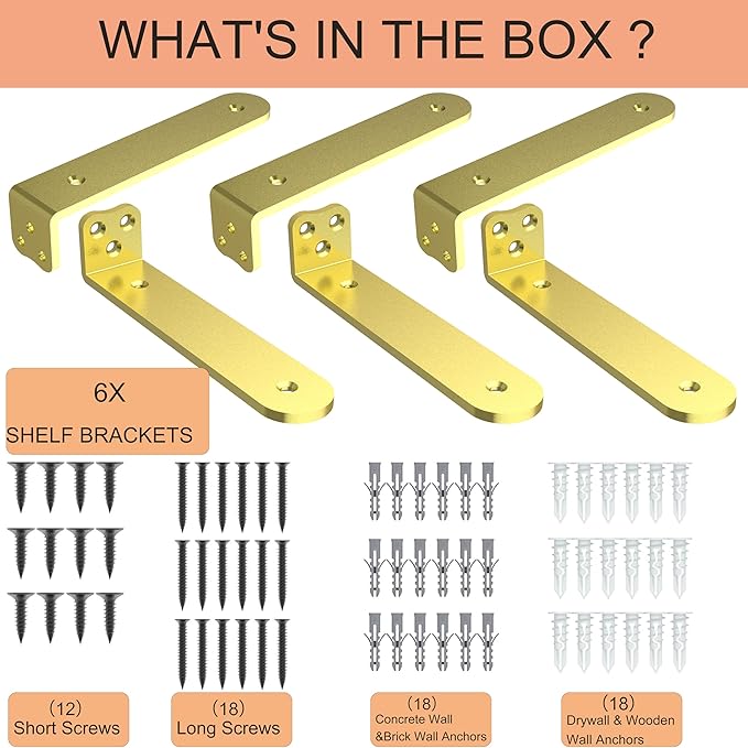 Eurydice Heavy Duty Floating Shelf Brackets, 1/4 inch Thick L Bracket, (12 in 6 Pack Gold), Holds 200 lb, Rounded Arc Edge, One-Piece, 3 Hole Mounting for Wood Shelves in Kitchen, Garage, Office, DIY