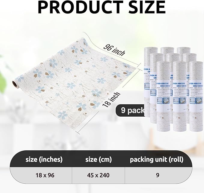 RAY STAR 18X96 Inch Shelf Liner for Kitchen Cabinets, Non-Adhesive Washable Cabinet Liner, Non-Slip PVC Drawer Liner for Dresser Bathroom (Floral)(9 Roll)