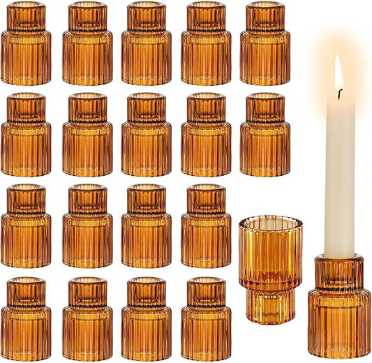 Glasseam Glass Candle Holder for Candlesticks: 20PCS Amber Candle Holders for Taper Candles Small Fall Candle Stick Holders Bulk for Table Wedding Centerpiece Christmas Halloween Living Room Decor
