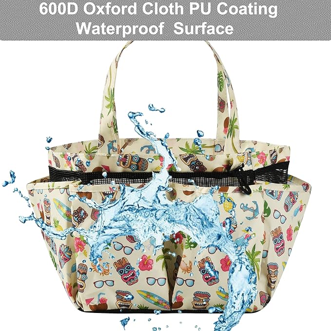 Haundry Portable Mesh Shower Caddy Bag, Large Basket Organizer with Key Hook for College Dorm Bathroom Camp Gym, Hanging Tote Bag with 8 Pockets (Luau Style)