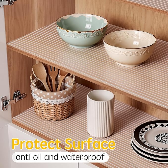 Songrey Non-Adhesive Shelf Liner, 12IN x 20FT Waterproof Cabinet & Drawer Liner, EVA Material Non-Slip Mat for Kitchen Cupboard, Refrigerator, Easy to Cut, Washable, Beige