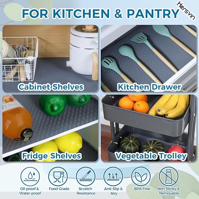 Hersvin Shelf Liners 12 in x 20 ft EVA Drawer Mats, Non-Adhesive Cupboard Pad, Kitchen Cabinet Lining Fridge Cushion (Gray Crossed Stripe, 30.5x610cm)