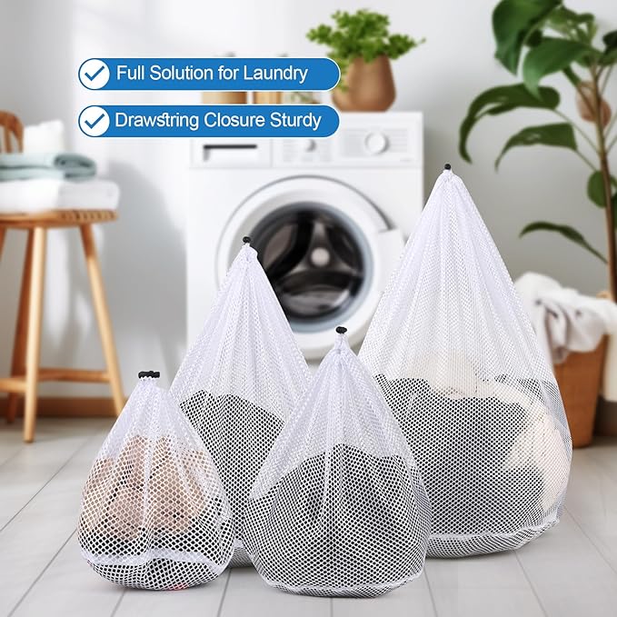 4Pcs Mesh Laundry Bags Washing Machine Mesh Wash Bags for Clothes, Underwear, Lingerie, Bed Linen with Drawstring Closure Sturdy (4 Size)