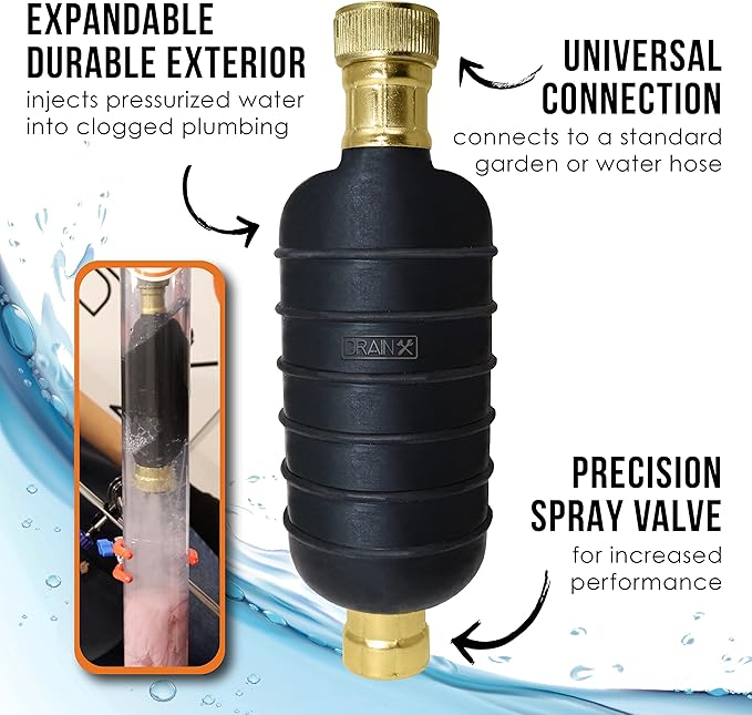 DrainX Hydro Pressure Drain Cleaning Bladder Pro - Fits 4" to 6" Drain Pipes - Unclogs Stubborn Blockages in Bathroom Sinks, Shower Drains, Bathtubs, Plumbing Pipes