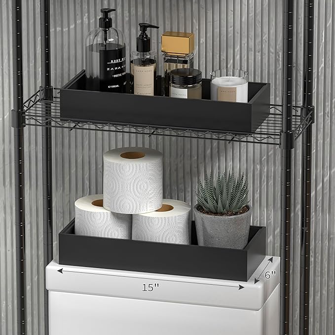 Greatseas Kitchen Drawer Organizer Bins, Stackable Bamboo Drawer Organizer for Silverware, 2 Pcs Toilet Paper Basket Holder, Wood Bathroom Tray Countertop, Toilet Tank Tray Black 15" x 6" x 2.5"