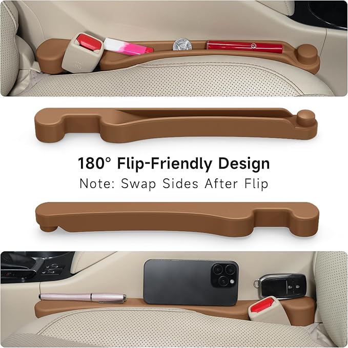 Car Seat Gap Filler Set of 2, 3-in-1 Seat Side Gap Filler Plug with Storage Slot & Hook Function, Soft Foam Universal Fit Car SUV Truck Fill Gap Between Seats Console Organizer (Narrow Saddle Brown)