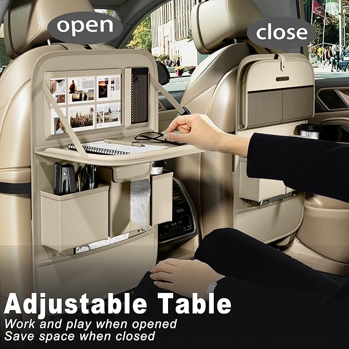 XDV Car Seat Organizers, Multi-functional Back Seat Protectors, Storage Pouches, and Tray Holders (for Cars, Kids, Seat Back and Rear Seats) (Plain Beige, 1 Pc)