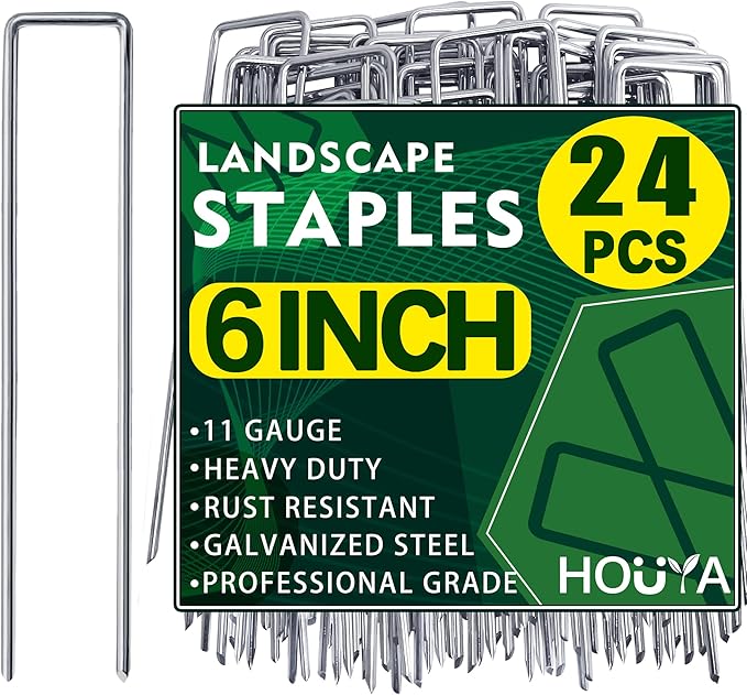 houya 24 PCS Landscape Staples 6 Inch Galvanized Garden Stakes Garden Staples Pins Anti-Rust Ground Stakes for Weed Barrier, Irrigation Hose, Yard Lawn SOD, Landscape Fabric, Decor 6" L x1.2 W 24 pcs
