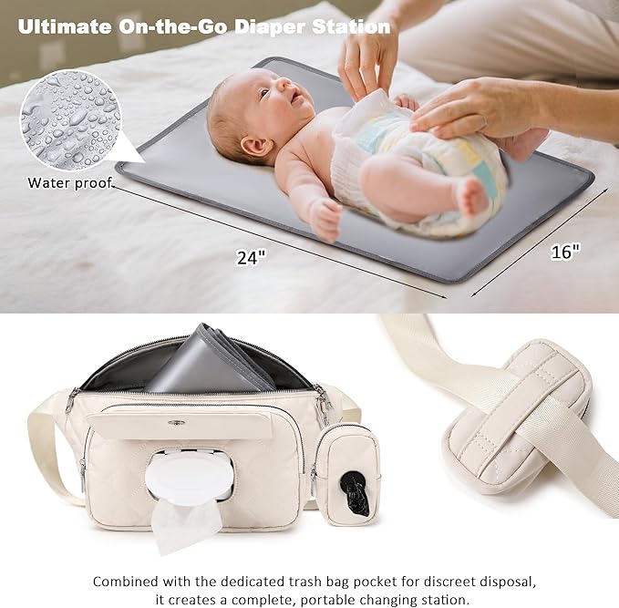MYHOZEE Small Diaper Bag Fanny Pack - Baby Bag with Waterproof Changing Pad and Wipes Dispenser Quilted Nylon Crossbody Bags for Mom Baby Compact Diaper Purse Cross Body Purses