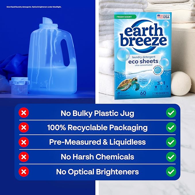 Earth Breeze Laundry Detergent Sheets Fresh Scent - 60 Loads per package. Eco Liquidless Soap - Travel-Friendly for Hot & Cold Cycles, Tackles Tough Stains & Odors - Gentle on Skin, 30 sheets (3 Pack)