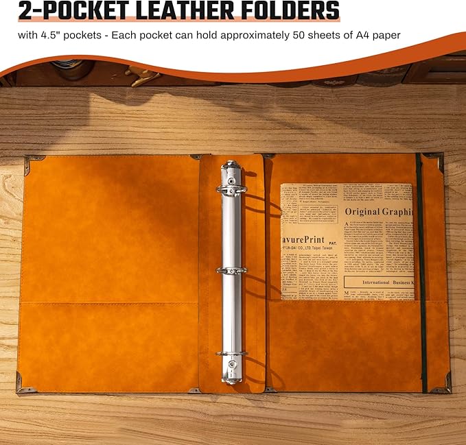 Ovesmusl PU Leather 3 Ring Binder Fits 8.5"x11" Letter Size Paper, 1.5 Inch Round Ring Binder Holds 350 Sheets, Notepad Paper Cover Loose Leaf Organizer, Black Sun