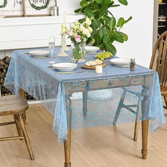Horaldaily Light Blue Gold Gauze Tablecloth 52x70 Inch Rectangular, Light Blue Sequin Glitter Metallic Foil, Sheer Tulle Cheesecloth for Wedding Baby Shower Ceremony Birthday
