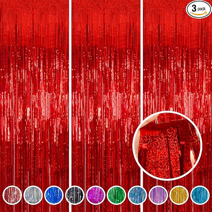 Red Foil Fringe Curtains Party Decorations – 3 Pack 3.2 x 8.2 ft Shiny Tinsel Backdrop for Valentine’s Day, Birthday & Photo Booth