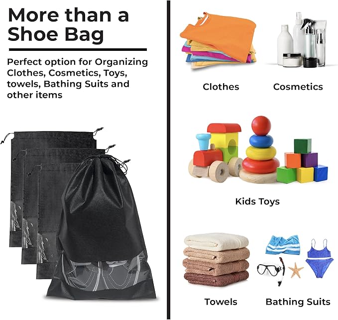 12 PC Shoe Bags for Travel, Packing, Storage, and Suitcases. Reusable Dustproof & Water-Resistant Sneaker Pouch Protectors with Clear Window & Drawstring. Laundry & Toys (Sand, Gray & Black)