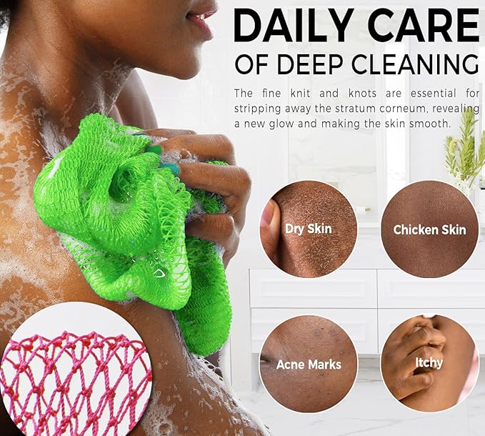 African Net Sponge Authentic - 2 Pieces Exfoliating Body Scrubber Bath Sponge Camellia&Green- Back Scrubber Washcloth for Shower - Real African Scrub Exfoliator Body Care Bathing Accessorie