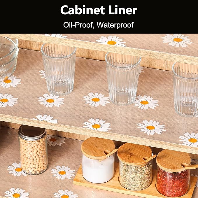 INNOLITES Shelf Liners for Kitchen Cabinets – Drawer Liner Waterproof & Oil-Proof, Non-Adhesive EVA with Floral Pattern – Durable Washable, Easy to Clean (Clean Daisy, 23.6" x 360")
