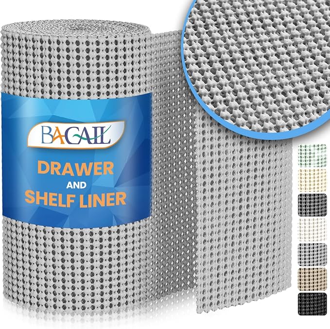 BAGAIL Non-Adhesive Shelf Liner, Thick Strong Grip Drawer Liners for Kitchen Cabinets, Heavy-Duty Easy Cut Cabinet Liners for Shelves, Pantry, Bathroom Cupboards - 12" x 20FT, LightGrey