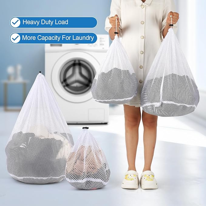 4Pcs Mesh Laundry Bags Washing Machine Mesh Wash Bags for Clothes, Underwear, Lingerie, Bed Linen with Drawstring Closure Sturdy (4 Size)