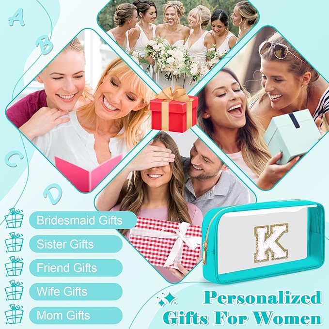 Personalized Initial Letter Clear Makeup Bag,Preppy Small Nylon&PVC Cosmetic Zipper Bag with Chenille Letter,Portable Beach Travel Skincare Toiletry Bag,Trendy Monogram Gift for Teen Girls Women,K