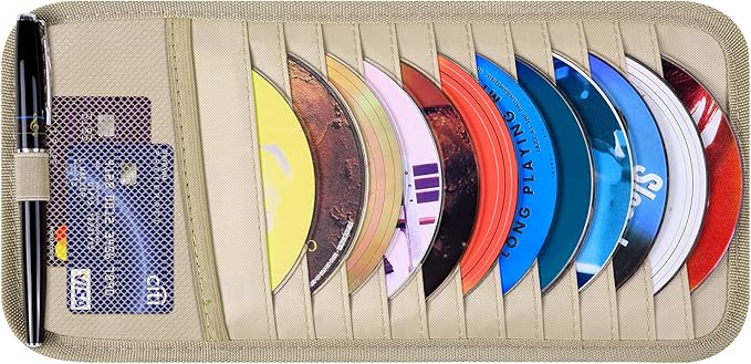 Car CD Case Holder, Wisdompro Vehicle Sun Visor Organizer for Cars with 12 DVD Storage Sleeves, 1 Mesh Pocket, 1 Pen Holder and Elastic Strap, Khaki